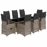 Cumpara ieftin Set bistro de gradina cu perne, 9 piese, gri, poliratan