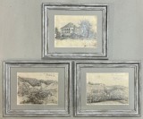 Set 3 Tablouri Toader Schipor, Peisaje Localități Transilvanene anul 1956 Grafica in carbune , inramate 25x30cm