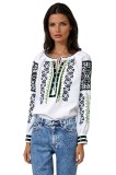 Bluza tip ie traditionala dama DEC, alb/verde , marimea 3XL, Casual, Bumbac