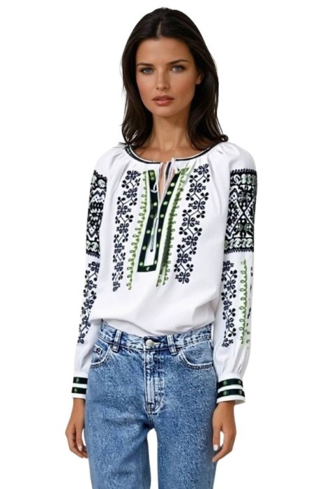 Bluza tip ie traditionala dama DEC, alb/verde , marimea 2XL