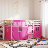 VidaXL Pat supraetajat cu perdele, roz, 90x200 cm, lemn masiv pin