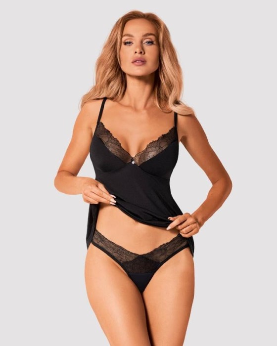 Babydoll Sexy Cu Dantela Si Chilotei Snur Bella Rou, Negru, XS/S