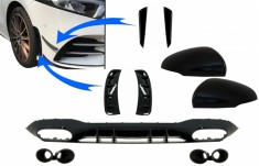 Difuzor cu Grila Aripa Aerisiri Laterale si Ornamente bara fata flapsuri &amp; Capace oglinzi Mercedes A-Class V177 Sedan (2018-2022) Evacuari Negre Perfo