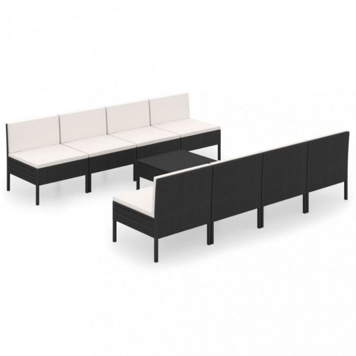 Set mobilier de grădină cu perne, 9 piese, negru, poliratan