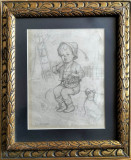Dorothea SHARP (1874 - 1955)-Copil cu cireşe &ndash; grafică &icirc;n creion pe h&acirc;rtie, Scene gen, Carbune, Impresionism
