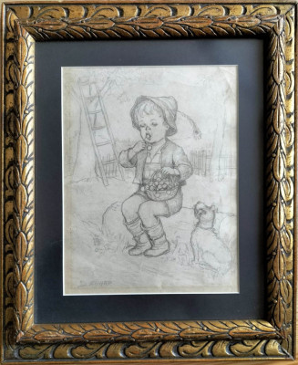 Dorothea SHARP (1874 - 1955)-Copil cu cireşe &amp;ndash; grafică &amp;icirc;n creion pe h&amp;acirc;rtie foto
