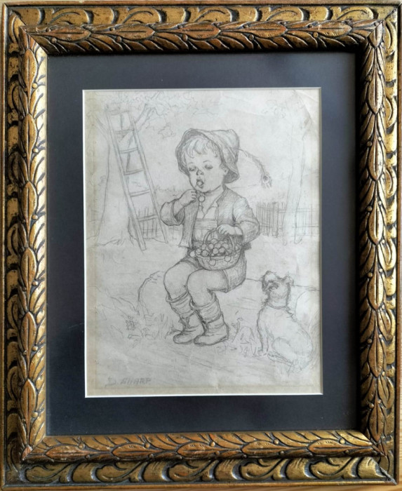 Dorothea SHARP (1874 - 1955)-Copil cu cireşe &ndash; grafică &icirc;n creion pe h&acirc;rtie