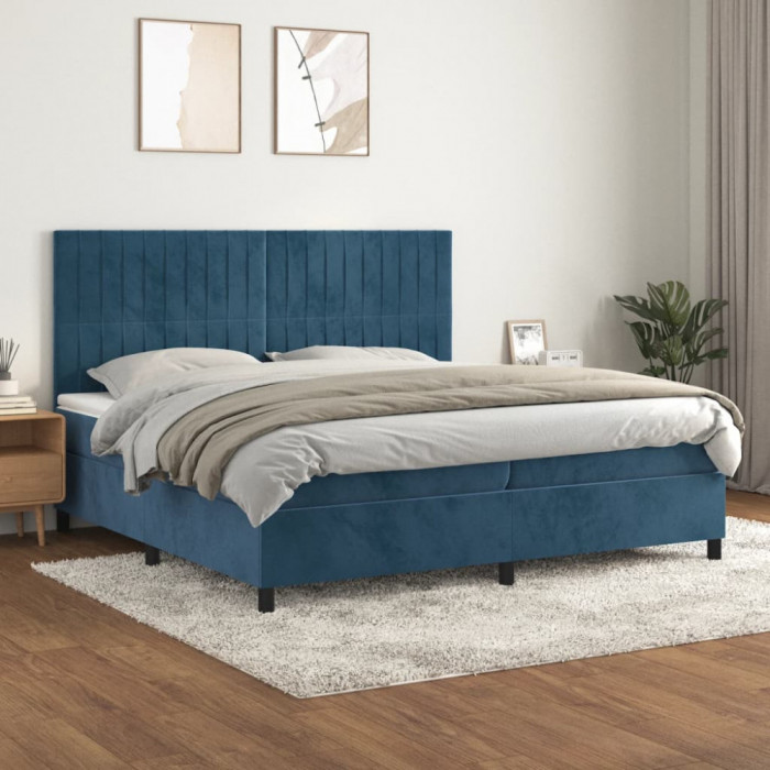 vidaXL Pat box spring cu saltea, albastru &icirc;nchis, 200x200 cm, catifea