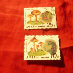 2 Timbre RPD Coreea 1989 - Ciuperci , 2 val. 10 si 25 c stampilate
