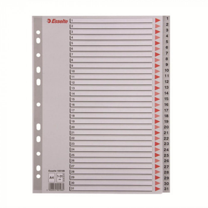 Index A4 Esselte, cu 31 Separatoare, Plastic, Gri, Index de Plastic cu Separatoare 1-31, Index de Plastic Numerotat cu Separatoare, Index de la 1 la 3