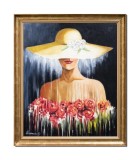 Cumpara ieftin Tablou inramat tanara cu palarie si trandafiri pictat manual, Eleganta, 70x60cm ulei pe panza, Mircea Iordache