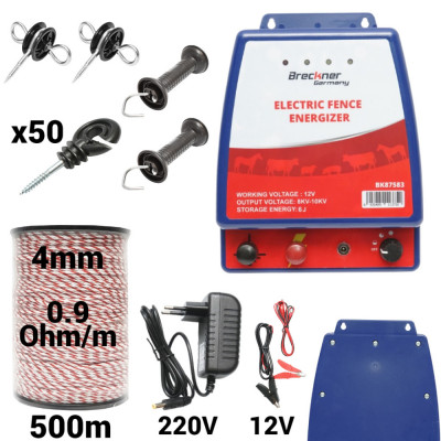 Kit pachet gard electric 6 Joule 12 220V fir 500m 50 izolatori (BK87583-500-4mm) foto