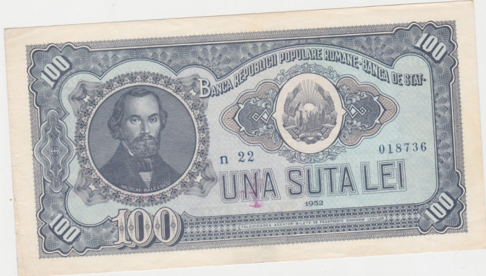 ROMANIA RPR 100 LEI 1952 VF+