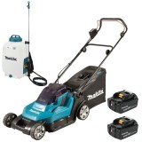 Makita DLM432CT2 + DUS158Z - Masina de tuns iarba cu 2 acumulatori Li-Ion 18 V 5 Ah 43 cm 50 l + Pulverizator 5 bar 15 l