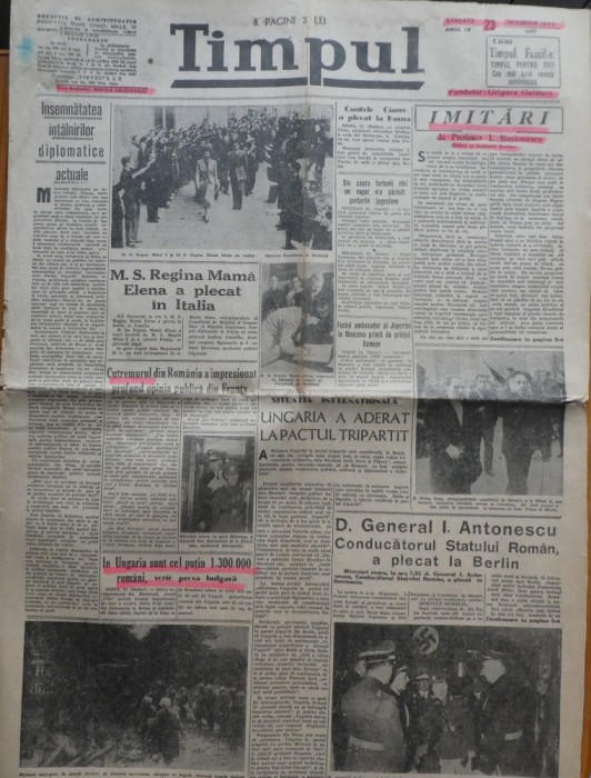 Ziarul Timpul, 23 noiembrie 1940; Generalul Ion Antonescu la Berlin