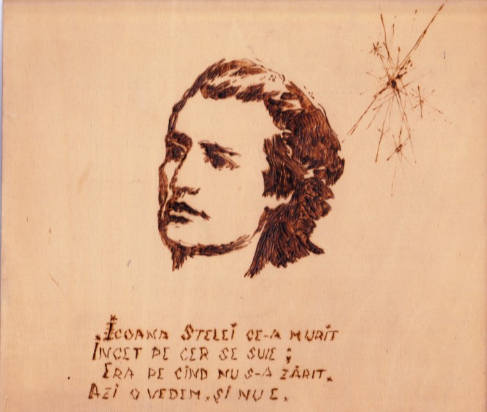 AMS# - GRAVURA PE LEMN MIHAI EMINESCU, STROFA DIN POEZIA &bdquo;LA STEAUA&rdquo;