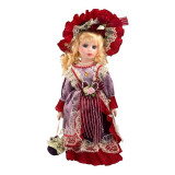 Cumpara ieftin Statueta decorativa, Papusa cu fata si mainile din ceramica cu rochie, palarie si accesorii retro, 35 cm, 1754H-3