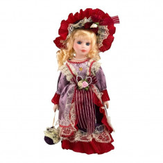 Statueta decorativa, Papusa cu fata si mainile din ceramica cu rochie, palarie si accesorii retro, 35 cm, 1754H-3