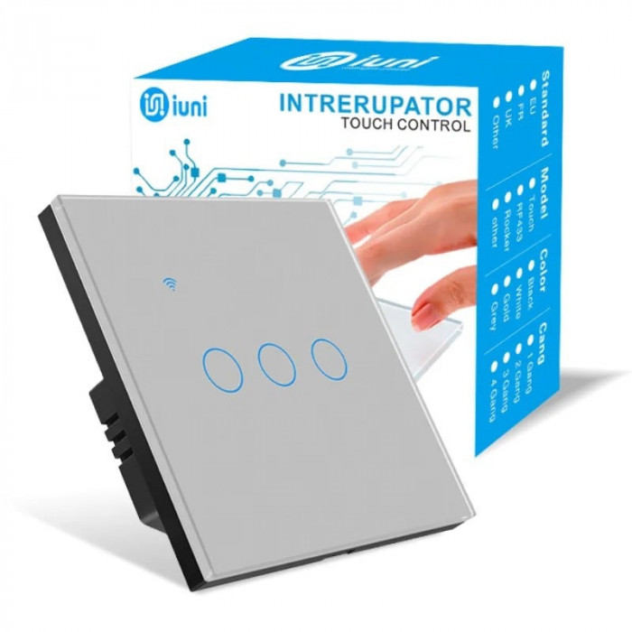 Intrerupator smart touch, WiFi, Sticla securizata, iUni 3G, 10A, Control vocal, Smart Life / Tuya, LED, Silver
