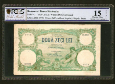ROMANIA 20 LEI - 1939 , FARA Specimen ! Bancnota de circulatie. Piesa rarisima ! foto