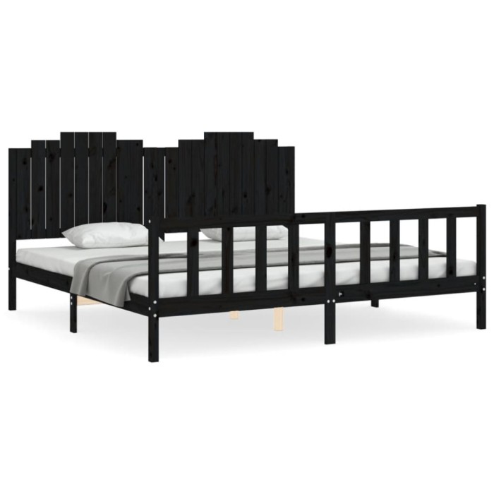 Cadru pat cu tablie 200x200 cm, negru, lemn masiv