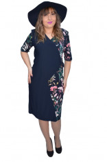 Rochie de ocazie Ingrida cu imprimeu floral in lateral ,bleumarin foto