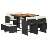 Set mobilier de gradina cu perne, 9 piese, negru, poliratan