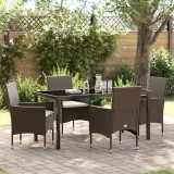 Set de dining pentru grădină de 5 piese cu perne din poliratan maro vidaXL, Masă de grădină vidaXL Neagră 160x80x73 cm cu sticlă securizată