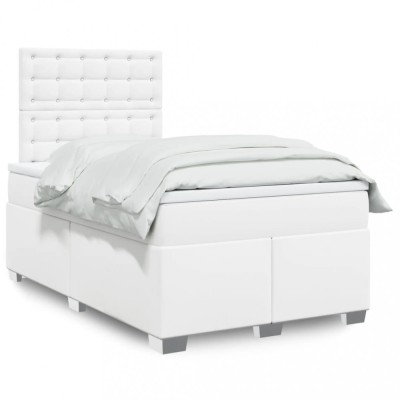 vidaXL Pat box spring cu saltea, alb, 120x200 cm, piele ecologică 3290717 foto