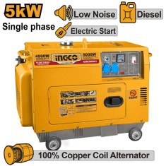 Generator curent 5 kw - 220 v silentios, diesel 9 cp, ingo, aparat portabil de curent pentru santier sau uz casnic - Ingco GSE50001