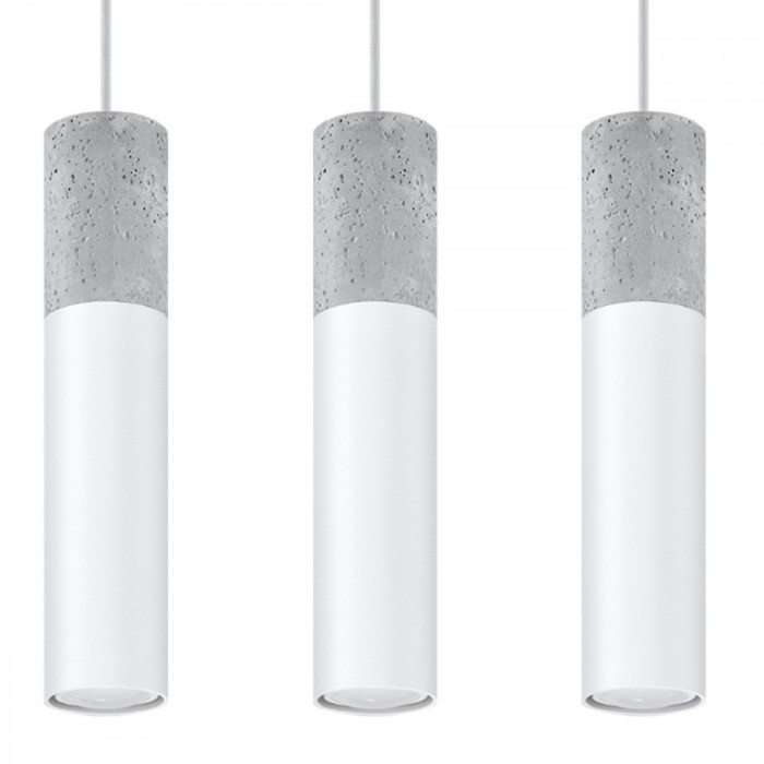 Lampă Suspendată Borigio Alb/Gri Oțel/Beton 3 Becuri Tub Modern De Interior