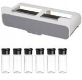 Cumpara ieftin Set organizator condimente, suport si 6 recipiente, plastic, alb/gri, Oem