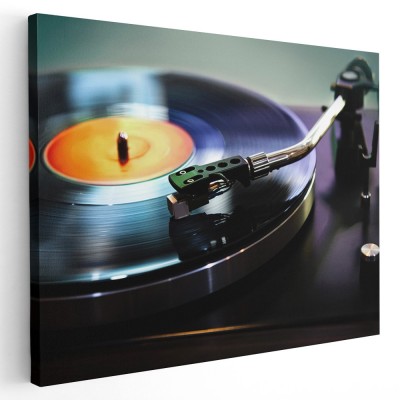 Tablou pick-up cu discuri vinil, negru, galben 1611 Tablou canvas pe panza CU RAMA 50x70 cm foto