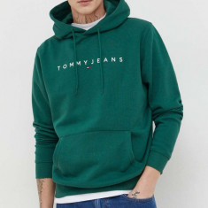 Tommy Jeans bluză bărbați, culoarea verde, cu glugă, imprimeu DM0DM17985