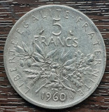 (A965) MONEDA DIN ARGINT FRANTA - 5 FRANCS 1960, SEMANATOAREA, 12 GRAME, AG 835, Europa