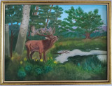 Tablou CERB IN PADURE, pictat in ulei pe panza, 30/40 cm, Natura, Realism