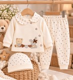 Costumas bumbac bebelusi 3 piese crem cu buline si imprimeu ursulet si iepure
