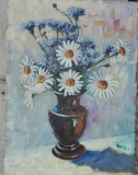 Tablou oala cu flori albe si albastre nesemnat., Ulei, Realism