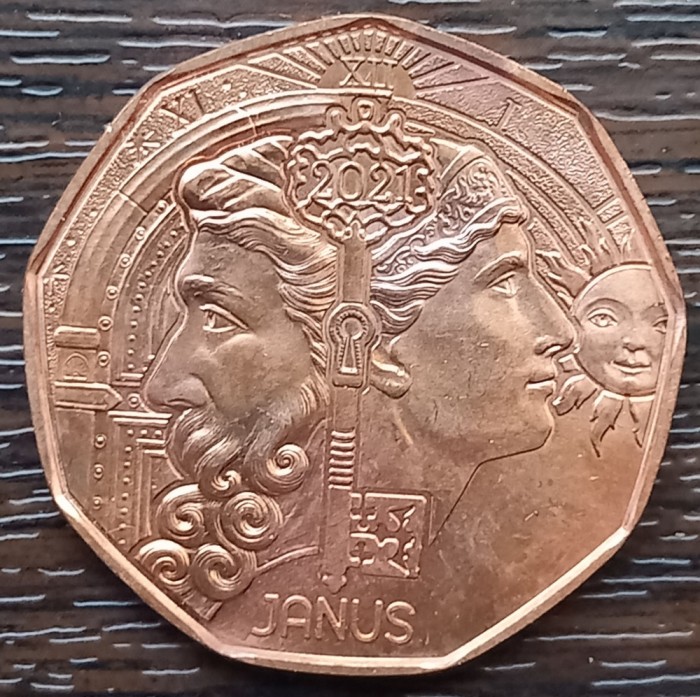 (S) MONEDA AUSTRIA - 5 EURO 2021, ZEUL JANUS, CUPRU