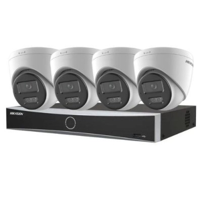 Kit supraveghere IP 4K Hikvision 4 camere 8MP IR 30m lumina alba 30m microfon Smart Hybrid Light, NVR 4 canale PoE 12MP AcuSense SafetyGuard Surveilla foto