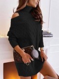Cumpara ieftin Rochie mini tricotata, neagra, cu guler inalt si umerii goi