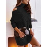 Rochie mini tricotata, neagra, cu guler inalt si umerii goi