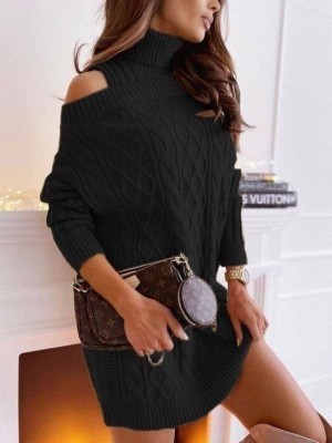 Rochie mini tricotata, neagra, cu guler inalt si umerii goi foto