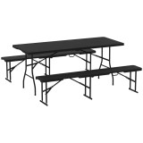 Outsunny Set Masă de Camping Pliabilă cu 2 Scaune și M&acirc;nere din HDPE și Metal, 180x74x74 cm, Negru | Aosom Romania