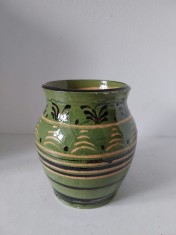 Vas ceramic / vaza de lut, vintage, model traditional taranesc rustic, vas pentru smantana, 16cm inaltime