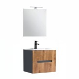 Trent mobilier de baie 60 cm chiuvetă ceramică (2 sertare) cu oglindă 60x80 cm gri antracit - stejar apus de soare