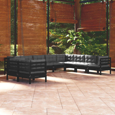 vidaXL Set mobilier grădină cu perne, 10 piese, negru, lemn masiv pin foto