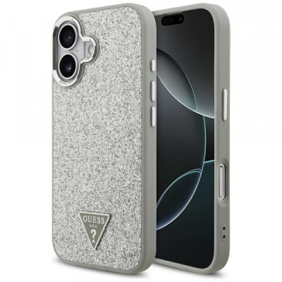 Husa MagSafe pentru Apple iPhone 17, Guess, Glitter Triangle Logo, Argintie foto