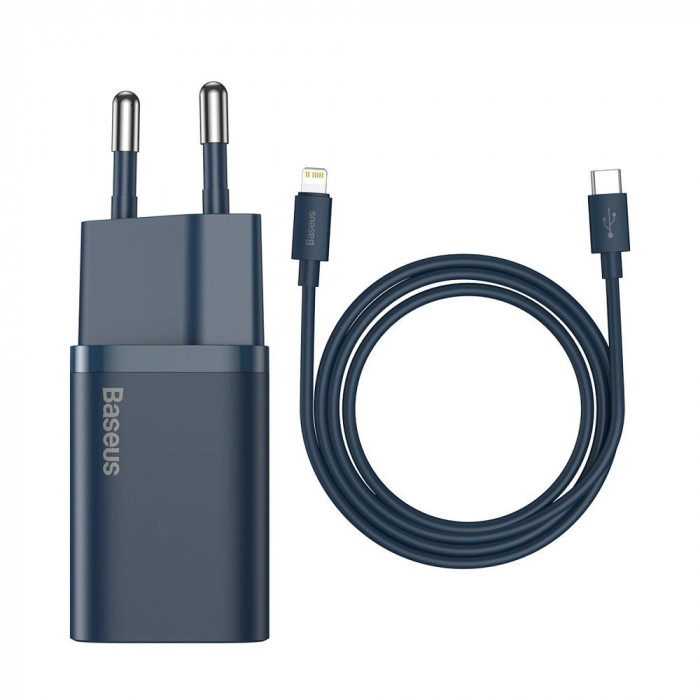 &Icirc;ncărcător USB-C 20W PD + cablu USB-C - Lightning de 1m albastru TZCCSUP-B03 Baseus