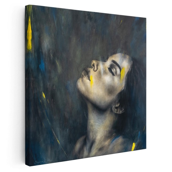 Tablou portret femeie pictura galben, albastru, negru 1351 Tablou canvas pe panza CU RAMA 30x30 cm